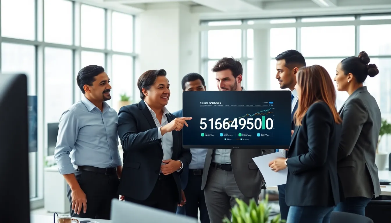 professionals collaborating over data analysis in a modern office setting.